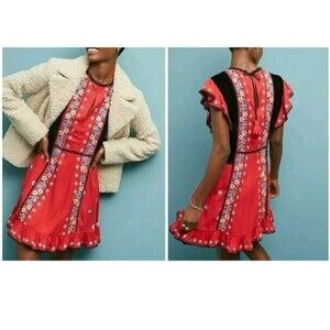 Anthropology Desiree Embroidered Floral Mini Dress Velour Sides Love Sam XSP